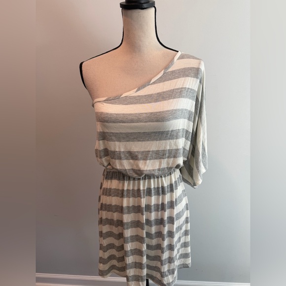 Fantastic Fawn Gray Stripe One Shoulder Mini Dress NWT Women’s size Medium - Picture 2 of 9